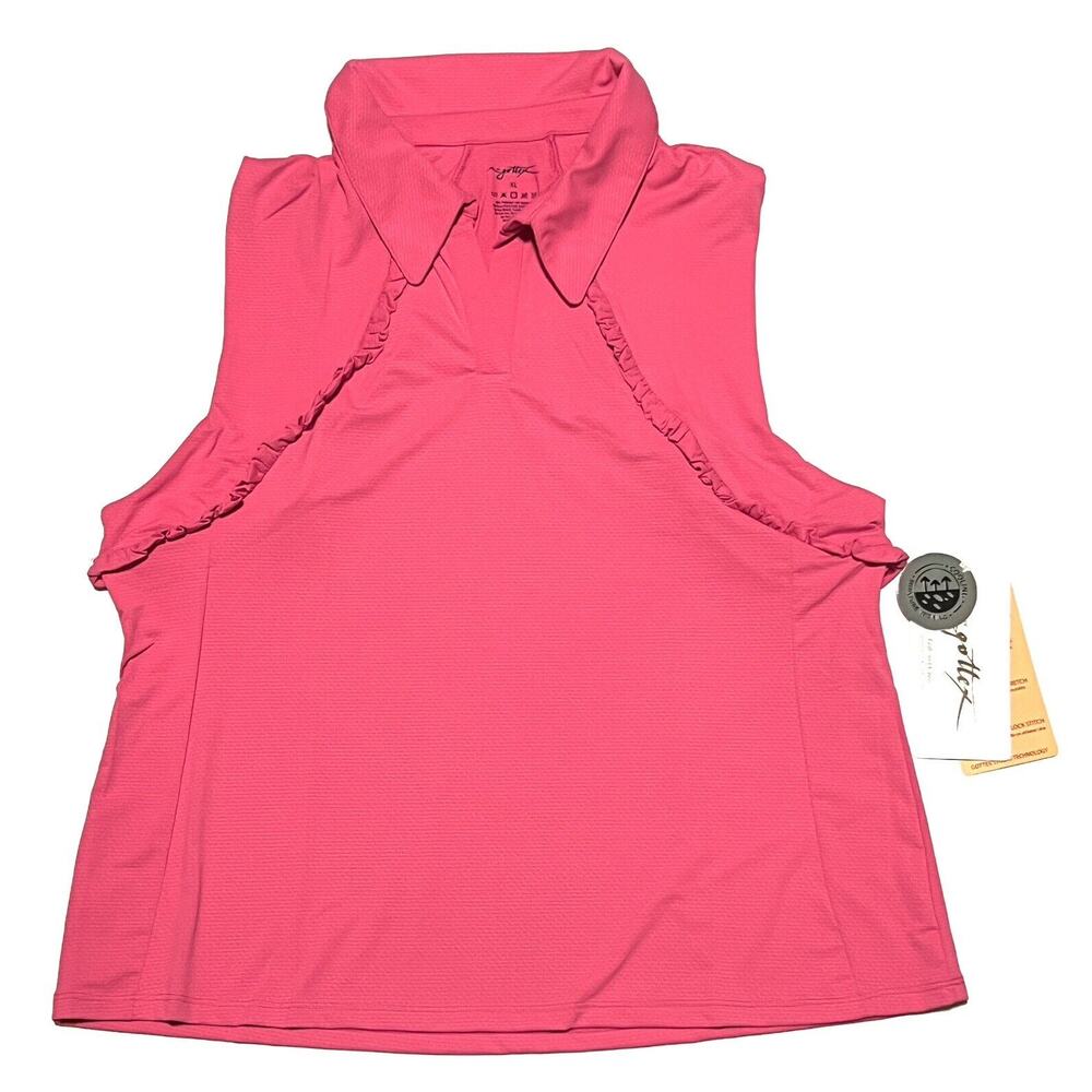 Gottex Size XL Sleeveless Ruffle Golf Tank Top Shirt Collar Hot Pink STRAWBERRY